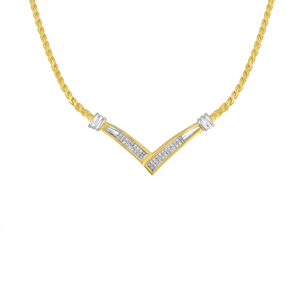 10K Yellow and White Gold 1/2 Cttw Princess Cut Diamond Channel-Set "V" Shape 18" Franco Chain Necklace (H-I Color, SI2-I1 Clarity)