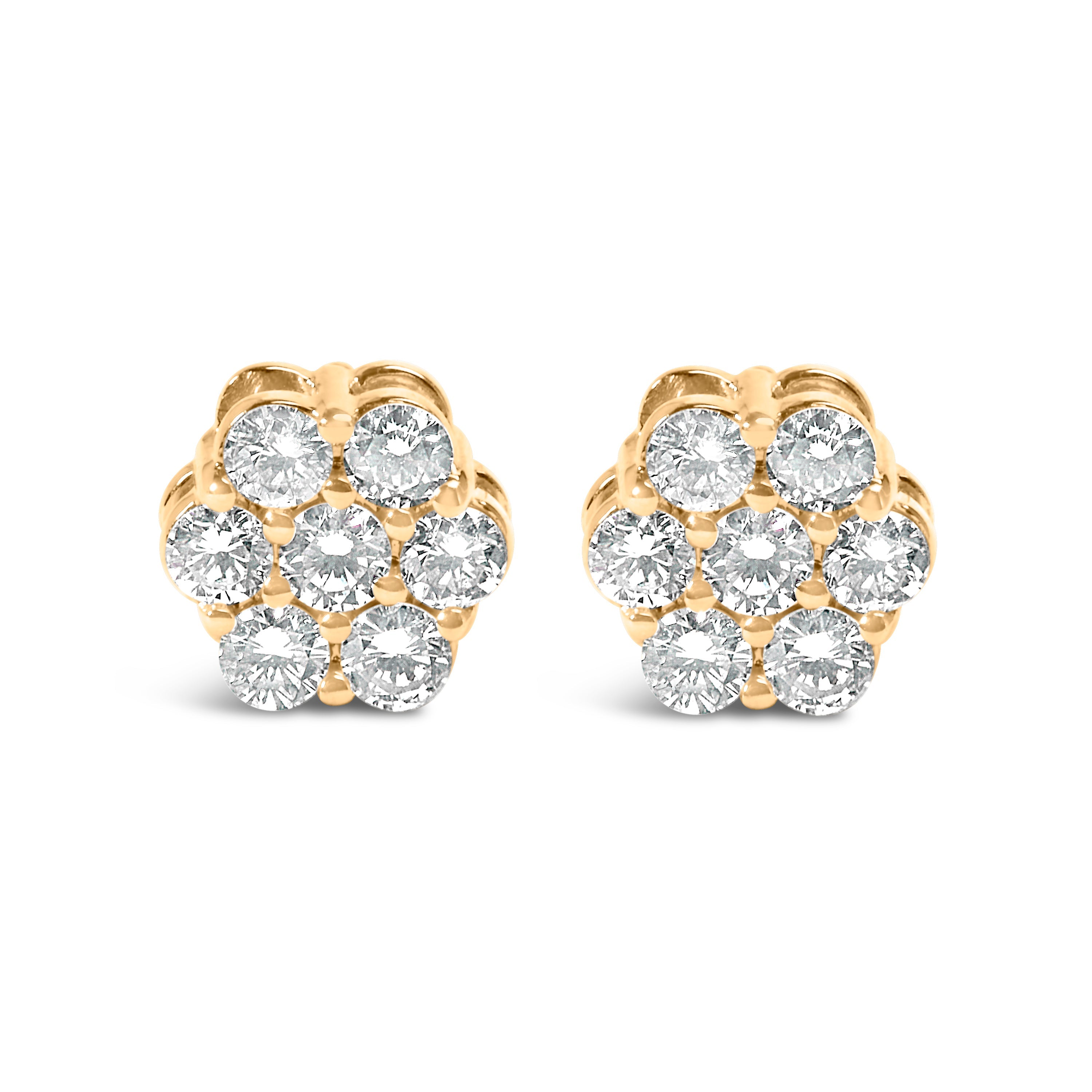 14K Yellow Gold 3/4 Carat Total Weight 7 Stone Floral Cluster Round Brilliant Cut Diamond Stud Earrings with Screw Backs (I-J Color, SI2-I1 Clarity)