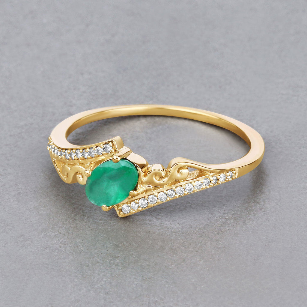 0.51 Carat Genuine Zambian Emerald and White Diamond 14K Yellow Gold Ring