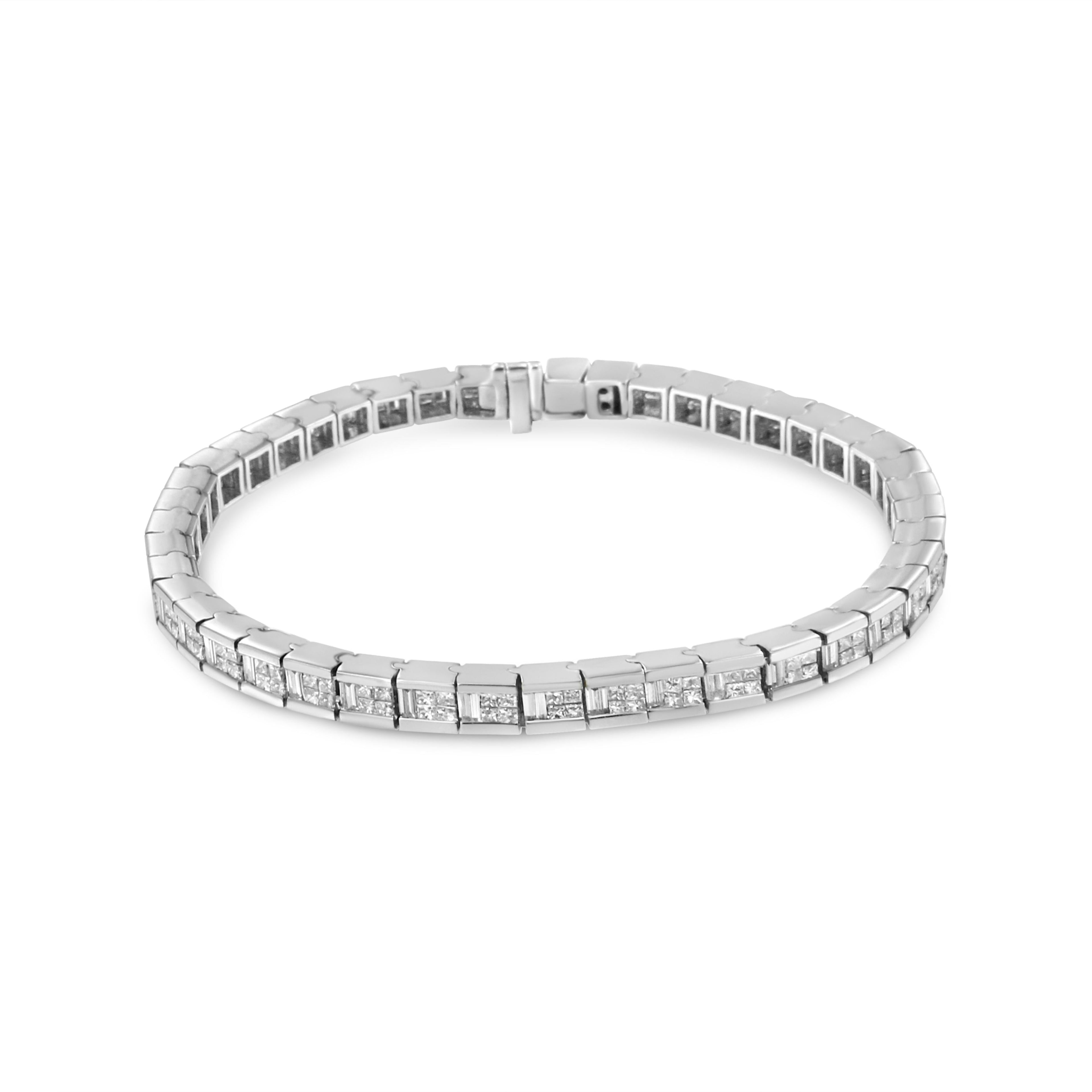 14K White Gold 4 3/8 Cttw Alternating Invisible Set Princess and Baguette Diamond Tennis Bracelet (G-H Color, VS1-VS2 Clarity) - Size 7"