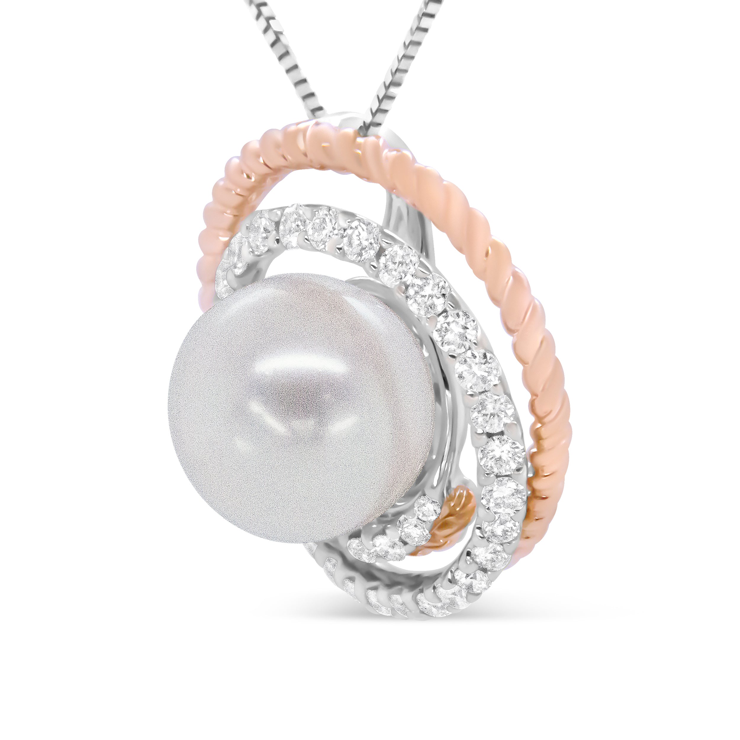 14K Rose and White Gold 3/8 Cttw Pave Diamond and 9mm Round Pearl Spiral Openwork 18" Pendant Necklace - (H-I Color, VS1-VS2 Clarity)