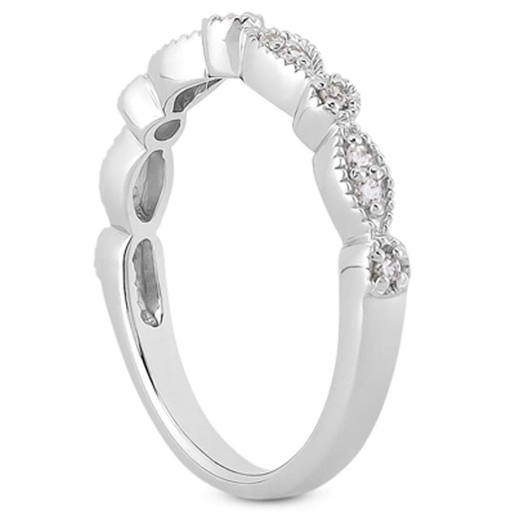 14k White Gold Vintage Look Fancy Pavé Diamond Milgrain Wedding Ring Band