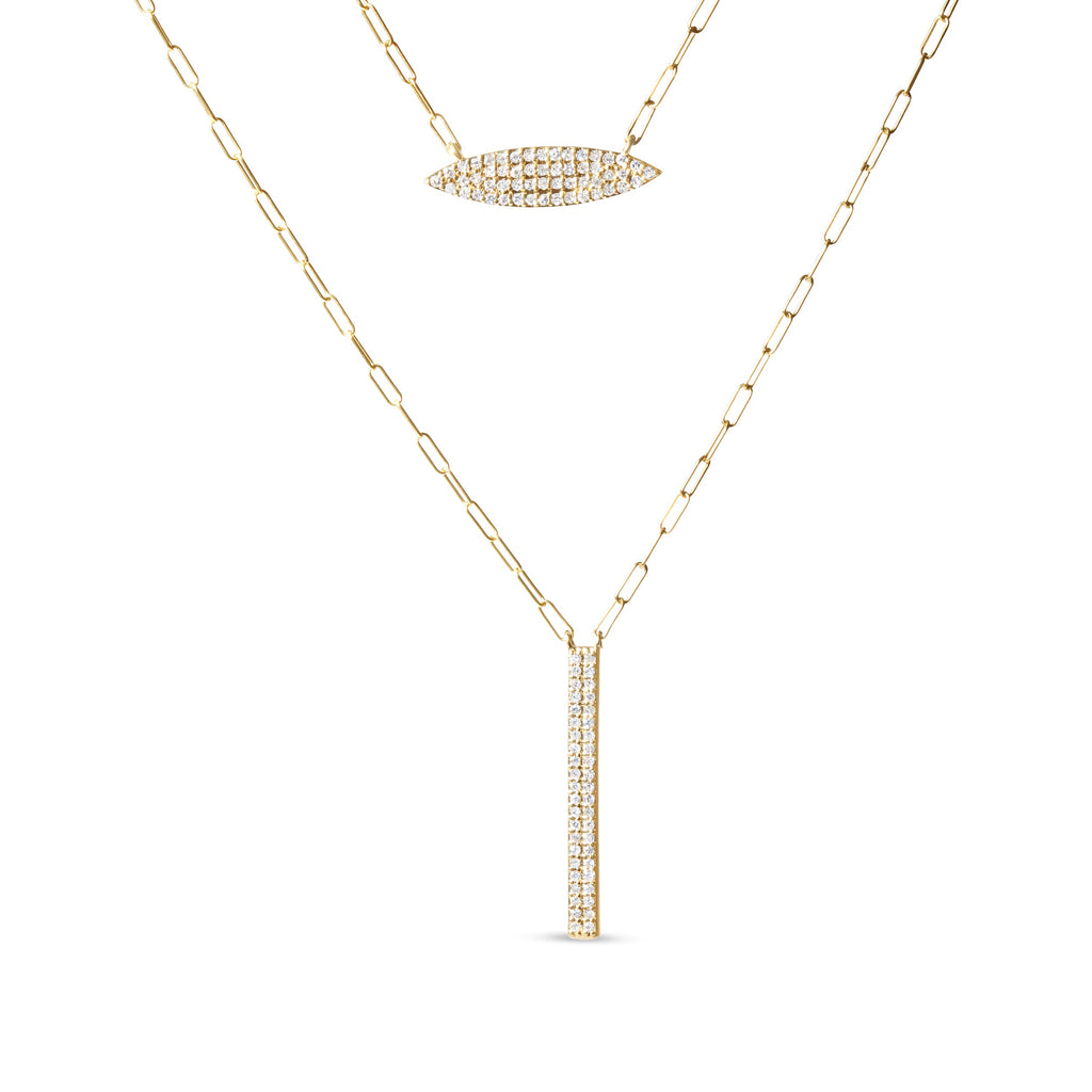 14K Yellow Gold 3/8 Cttw Two-Strand Marquise and Bar Charm Paper Clip Link Pendant Necklace (I-J Color, I1-I2 Clarity) - 18" and 20" Inch Lengths