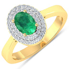 0.88 Carat Genuine Zambian Emerald and White Diamond 14K Yellow Gold Ring
