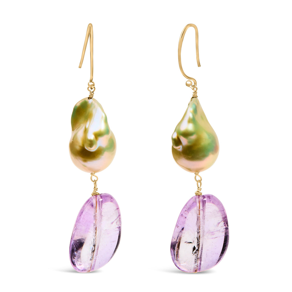 14K Yellow Gold Amethyst and Baroque Pearl Drop and Dangle Earrings 2" Dangle Length