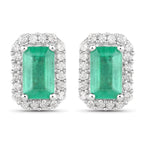 0.91 Carat Genuine Zambian Emerald and White Diamond 14K White Gold Earrings