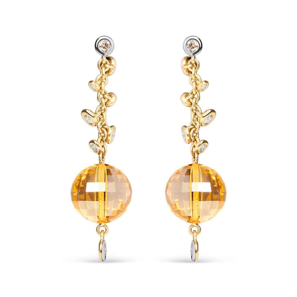 18K Yellow Gold 2/3 Cttw Round Bezel Diamond and 25mm Ball Shaped Yellow Citrine Gemstone Dangle Stud Earrings (Brown and G-H Color, SI1-SI2 Clarity)