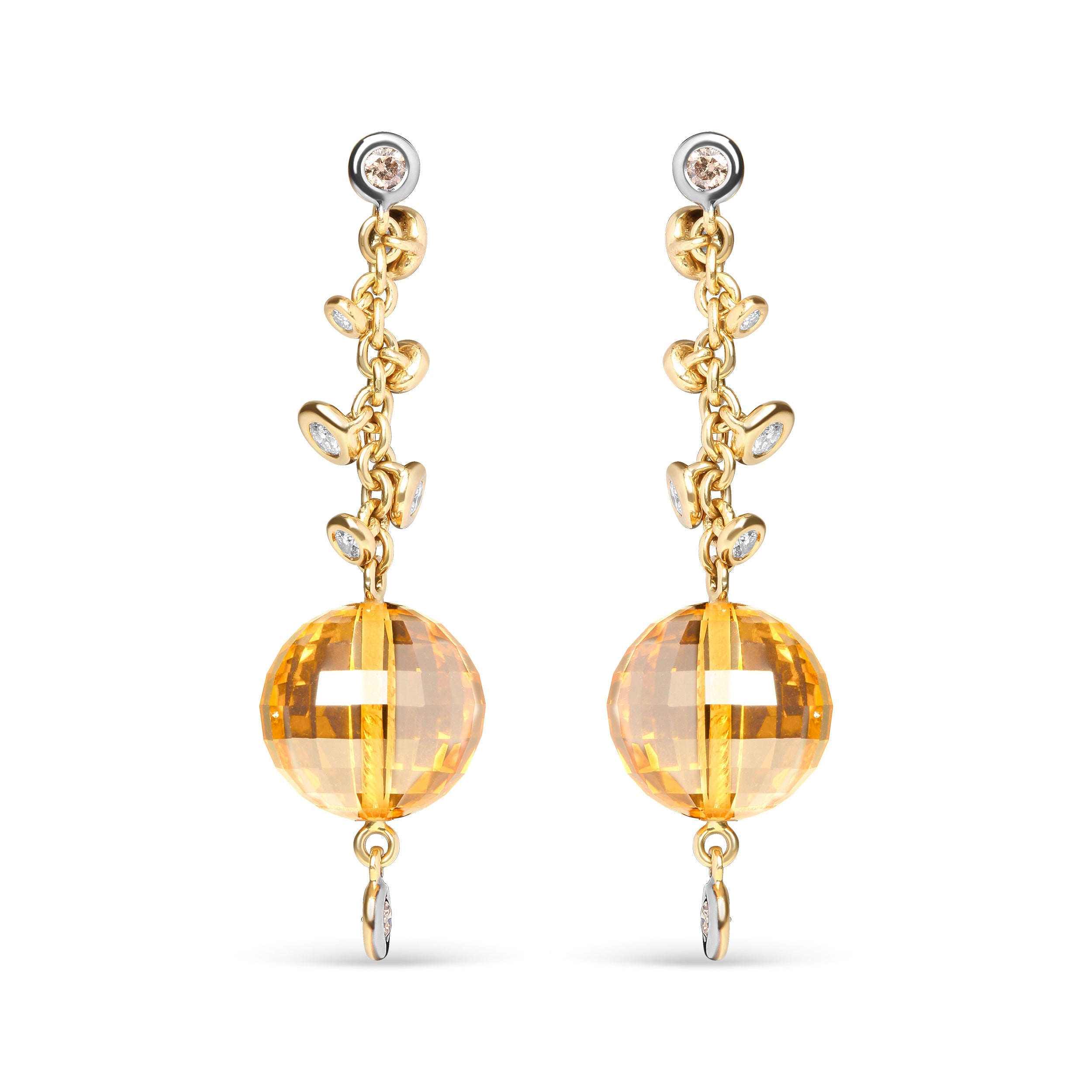 18K Yellow Gold 2/3 Cttw Round Bezel Diamond and 25mm Ball Shaped Yellow Citrine Gemstone Dangle Stud Earrings (Brown and G-H Color, SI1-SI2 Clarity)