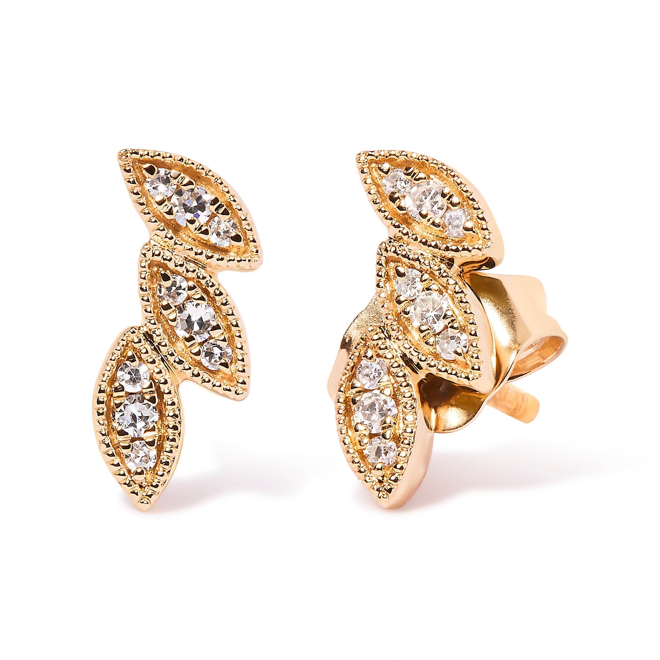 10K Yellow Gold 1/10 Cttw Diamond Triple Leaf Stud Earrings (H-I Color, I1-I2 Clarity)