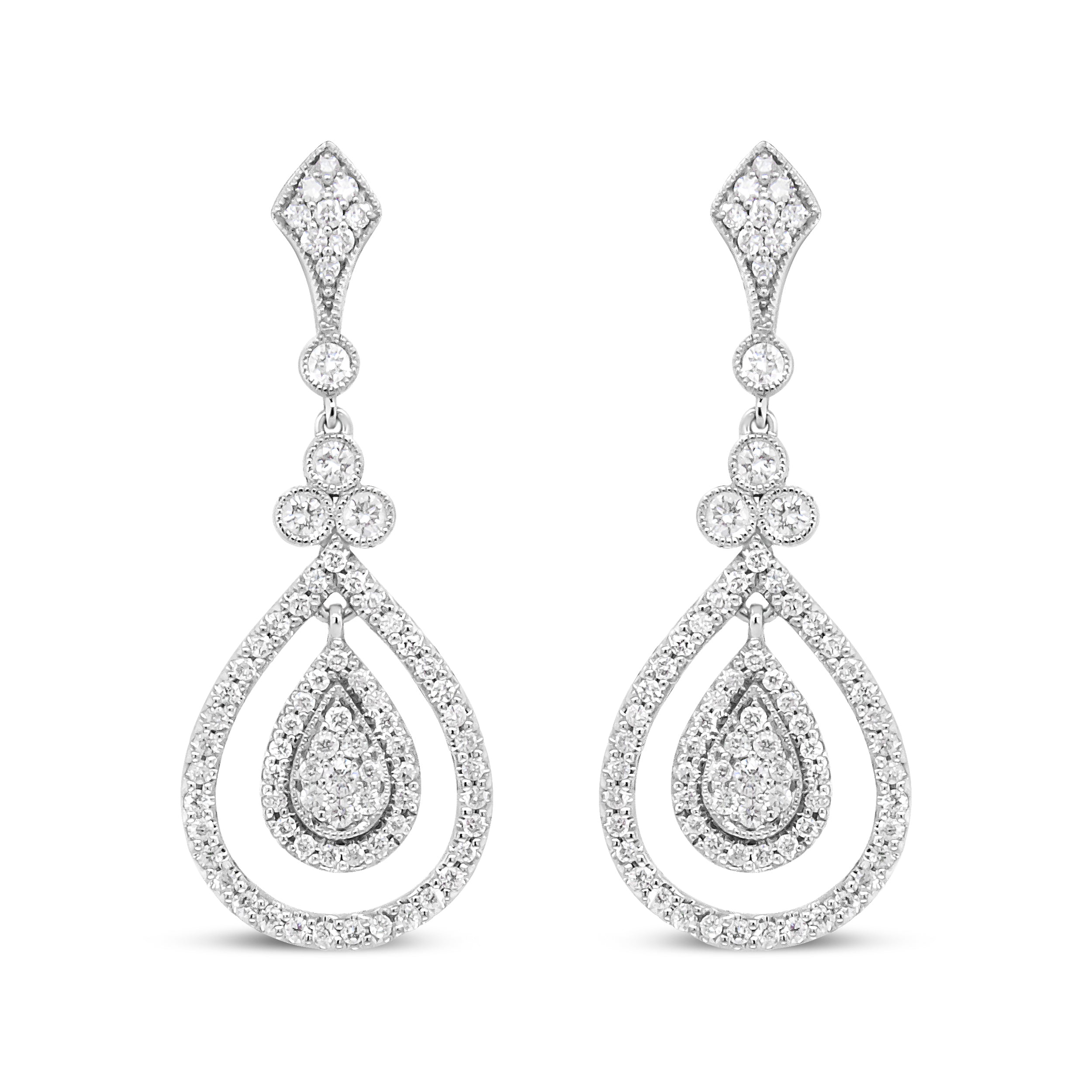 18K White Gold 1 1/4 Cttw Round Diamond Openwork Teardrop-Shaped Dangle Earrings (F-G Color, VS1-VS2 Clarity)