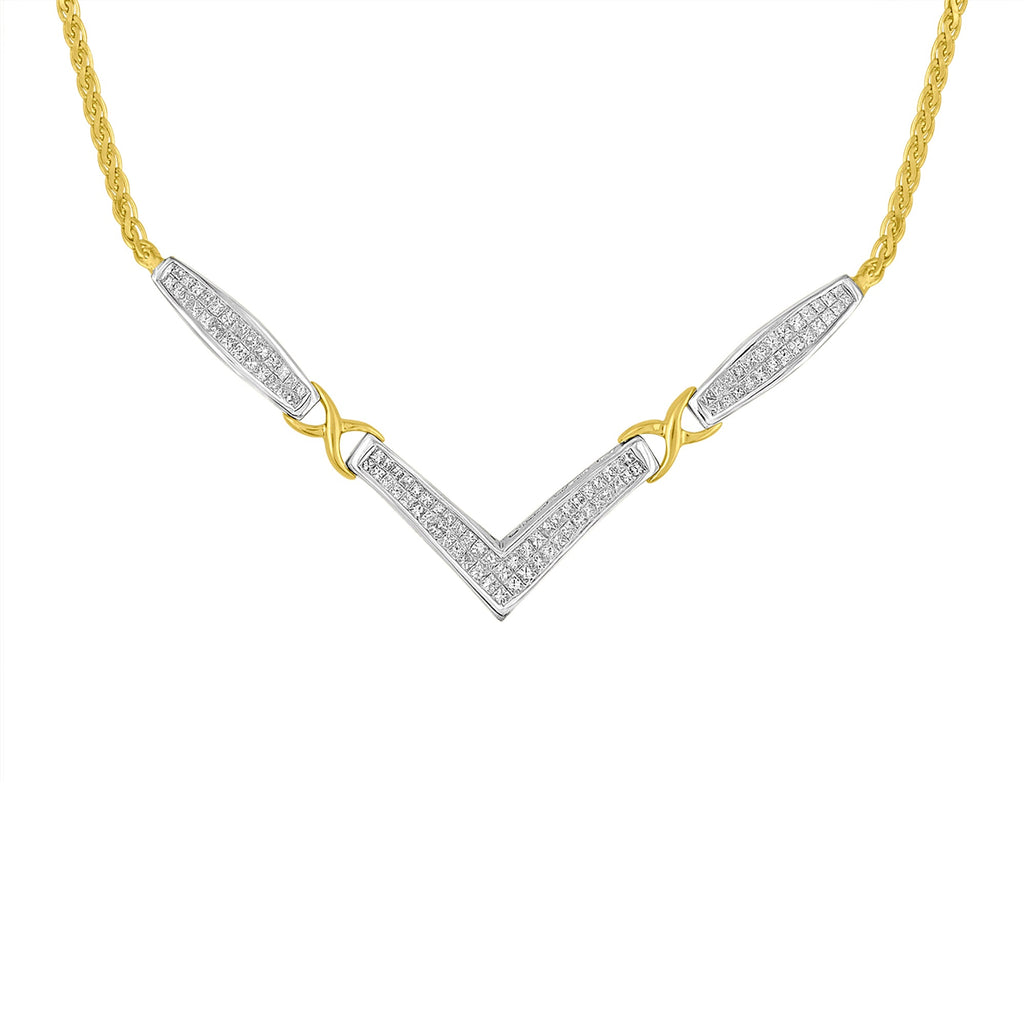 14K Yellow and White Gold 2.0 Cttw Princess Cut Diamond Flared and X-Station V Shaped 18" Franco Chain Statement Necklace (H-I Color, SI2-I1 Clarity)