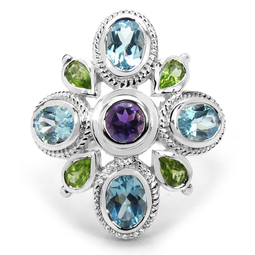 5.13 Carat Genuine Amethyst, Blue Topaz & Peridot .925 Sterling Silver Ring