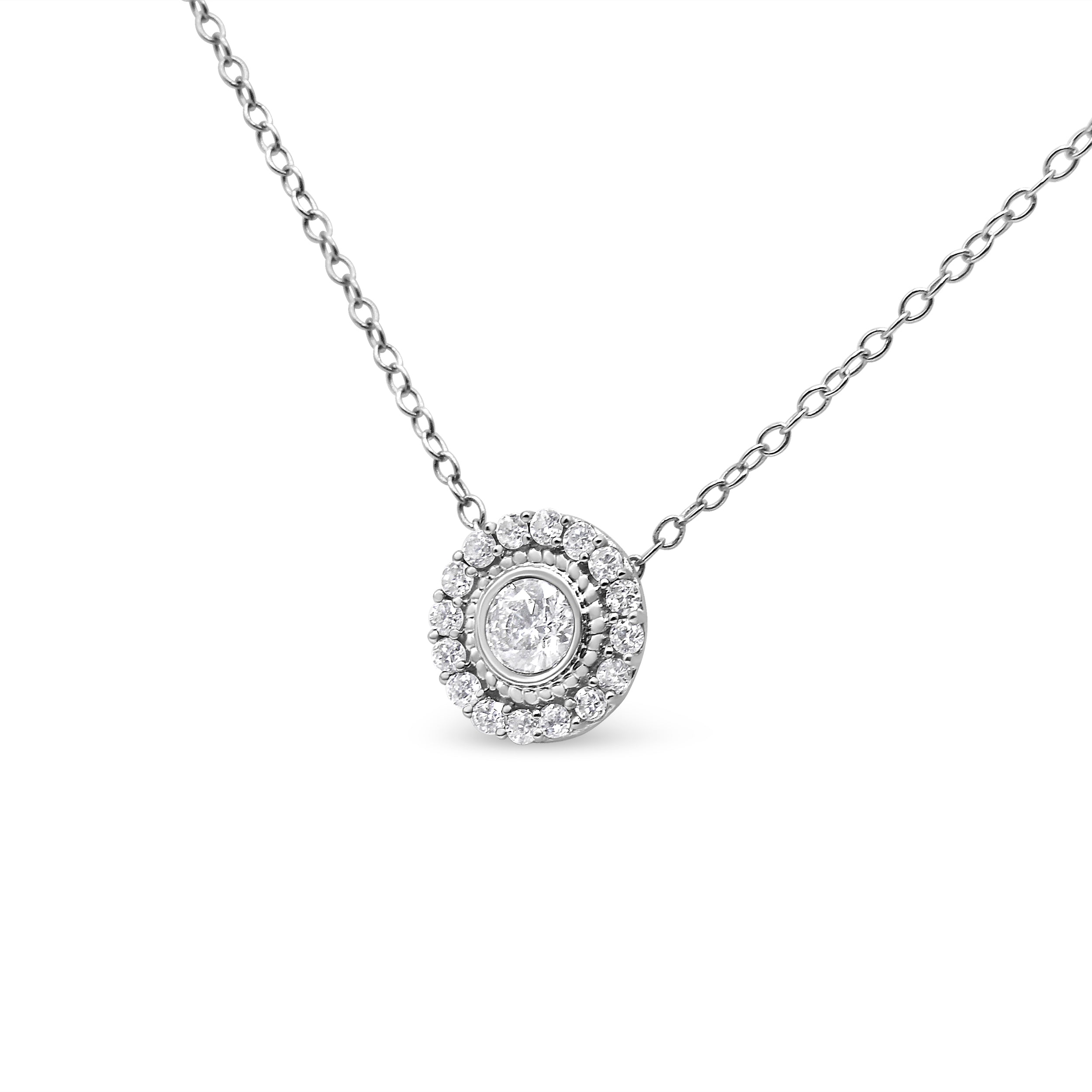 .925 Sterling Silver 1/2 Carat Total Weight Round Diamond Halo Circle Pendant 18" Necklace (I-J Color, I2-I3 Clarity)