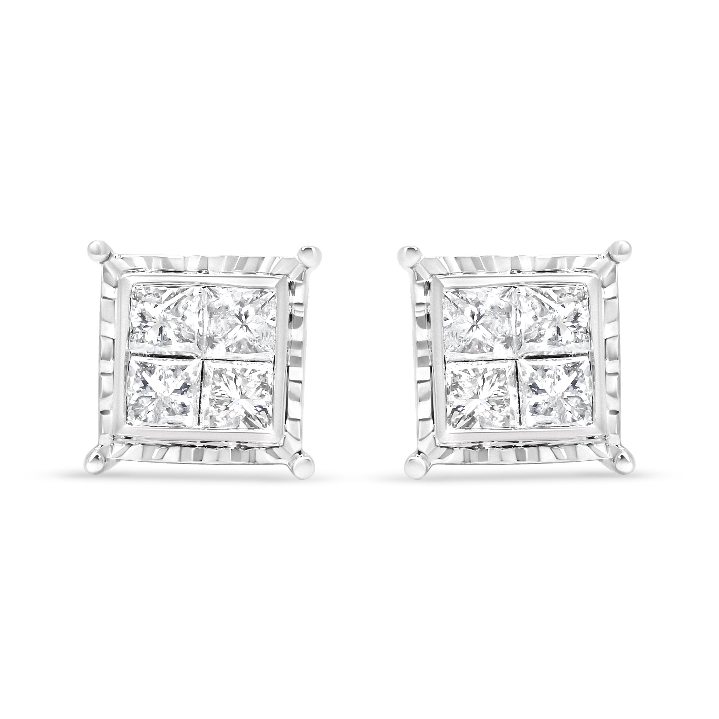 14K White Gold 1 1/2 Cttw Invisible Set Princess-Cut Diamond Contemporary Wavy Quad Stud Earrings (I-J Color, I1-I2 Clarity)