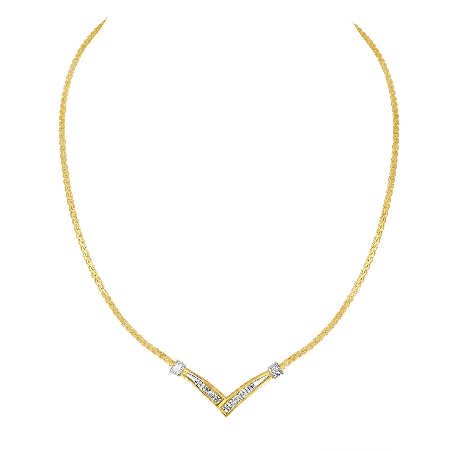 10K Yellow and White Gold 1/2 Cttw Princess Cut Diamond Channel-Set "V" Shape 18" Franco Chain Necklace (H-I Color, SI2-I1 Clarity)