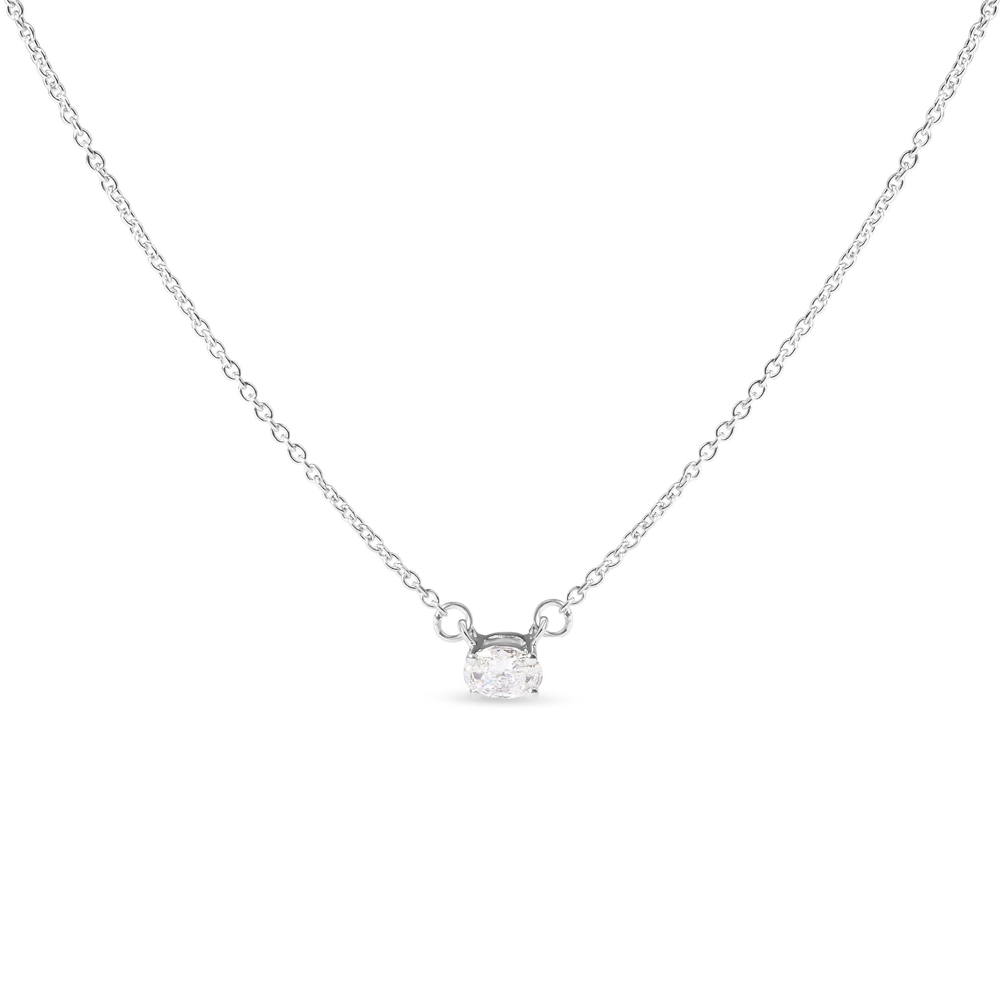 14K White Gold 1/4 Carat Total Weight Lab Grown Oval Solitaire Diamond East West 18" Pendant Necklace (G-H Color, VS2-SI1 Clarity)