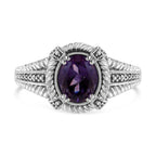 .925 Sterling Silver Prong Set Natural Oval Shape 9X7 MM Purple Amethyst Solitaire and Diamond Accent Ring (I-J Color, I1-I2 Clarity) - Ring Size 7