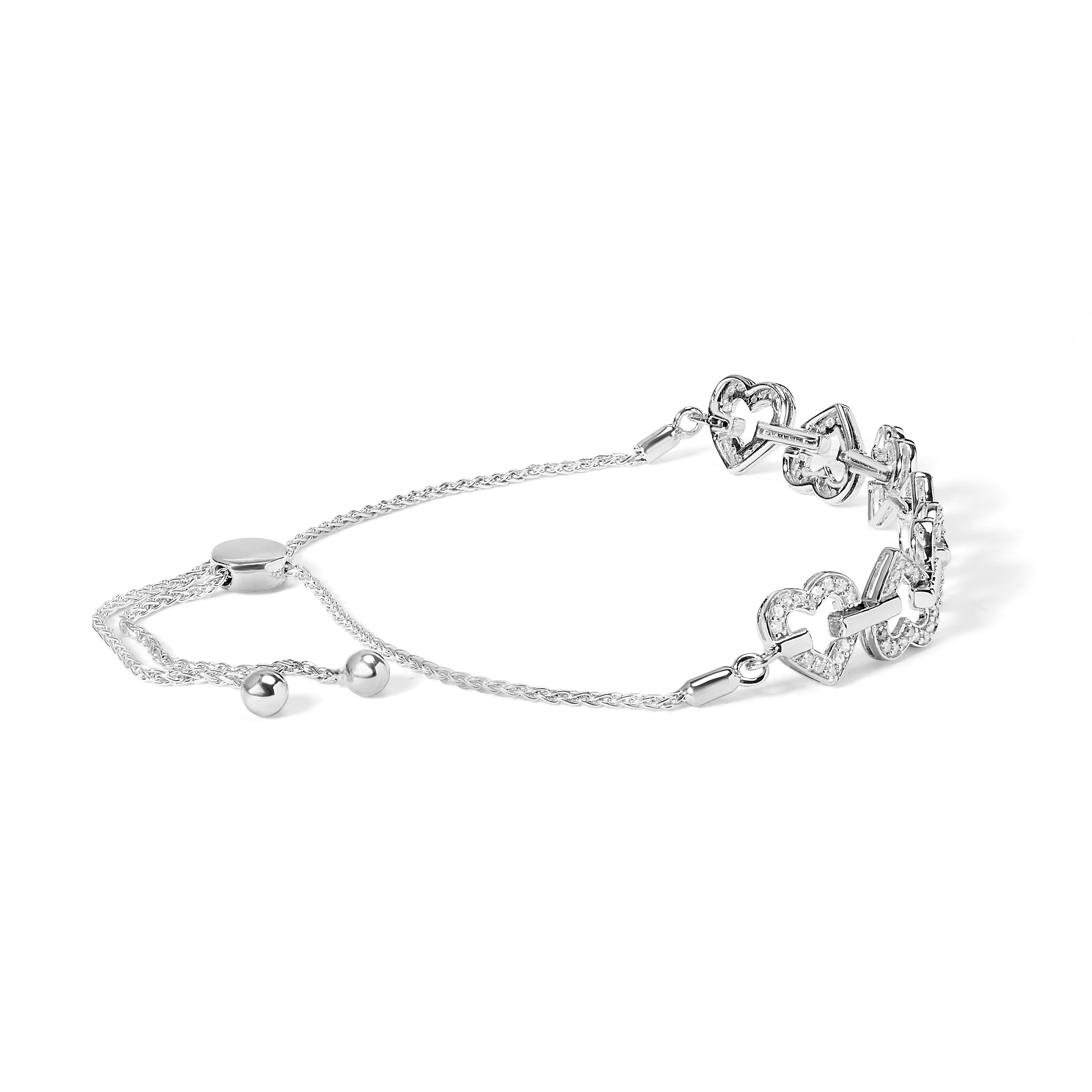.925 Sterling Silver 1/2 Carat Total Weight Diamond Alternating Heart Link Adjustable Bolo Bracelet (I-J Color, I3 Clarity) - 4" to 10"