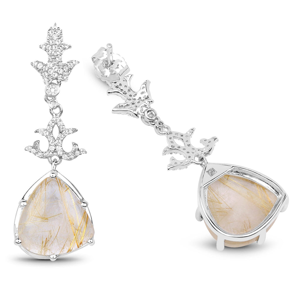 15.97 Carat Genuine Golden Rutile and White Topaz .925 Sterling Silver Earrings