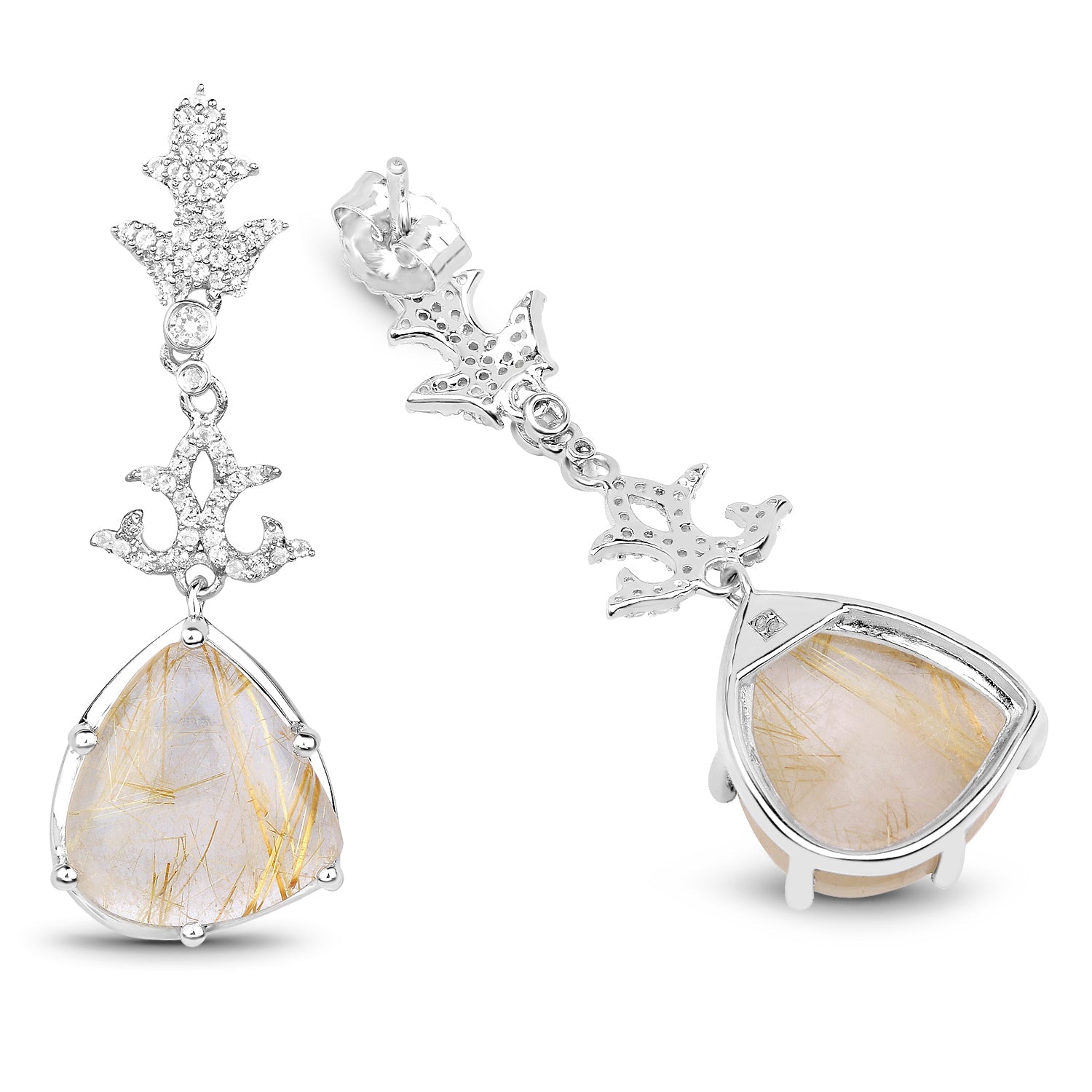 15.97 Carat Genuine Golden Rutile and White Topaz .925 Sterling Silver Earrings
