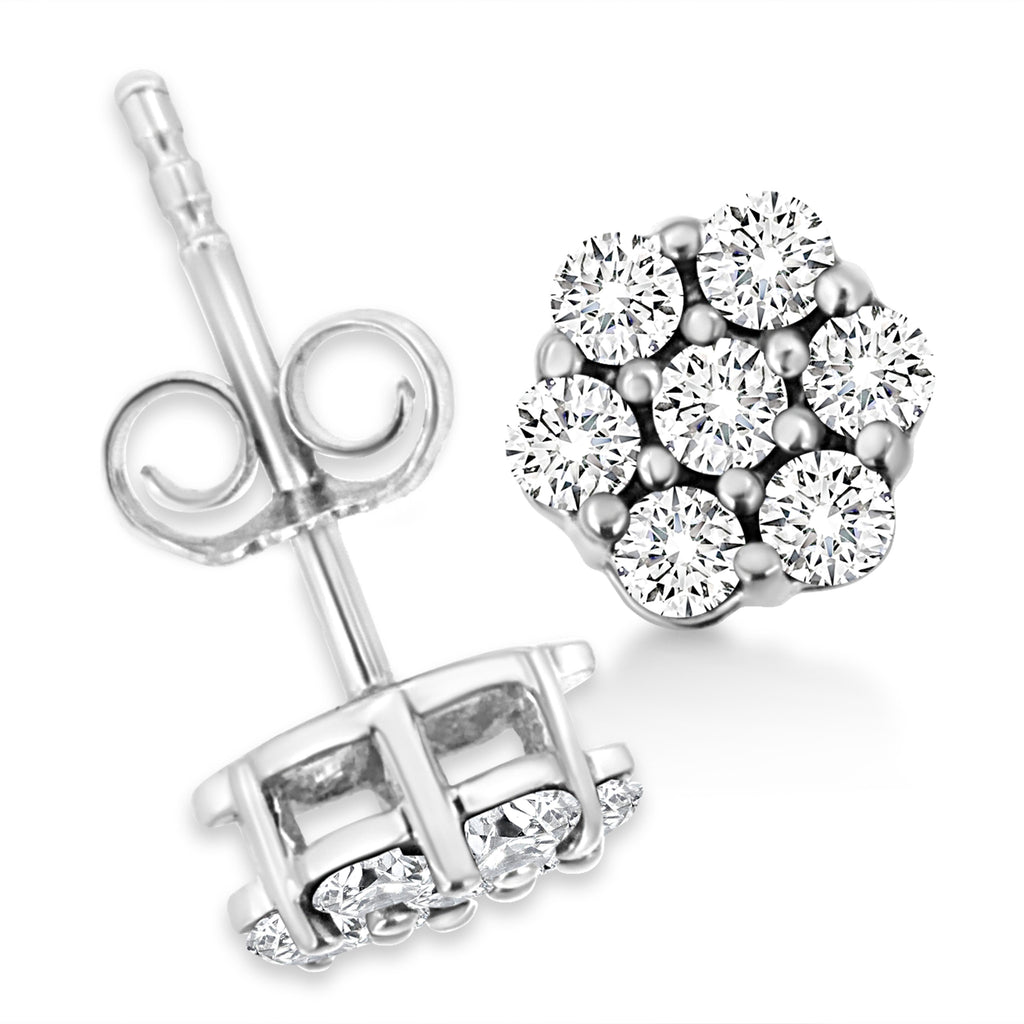 14K White Gold 1/2 Cttw Prong Set Round-Cut Diamond Flower Stud Earrings (H-I Color, I1-I2 Clarity)