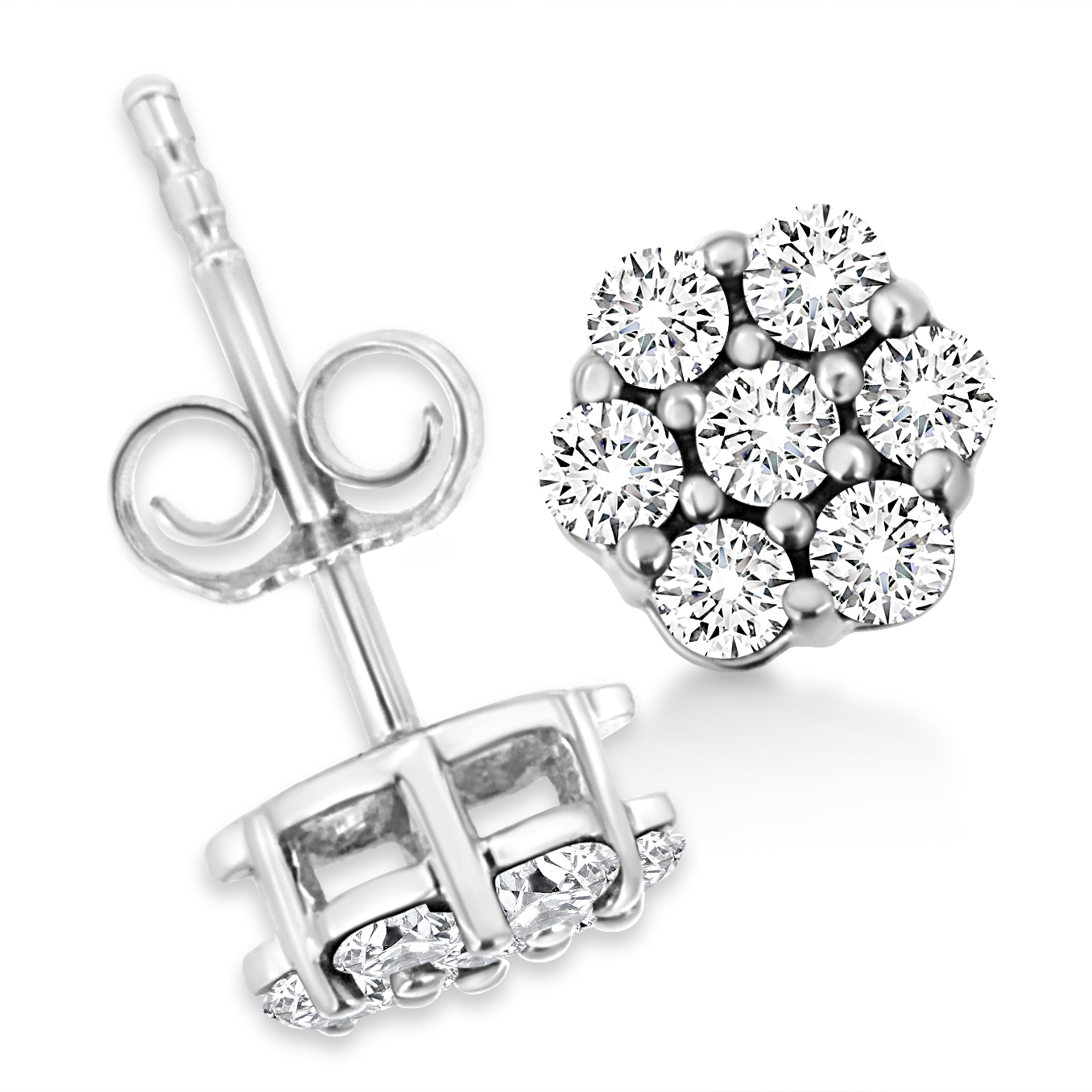 14K White Gold 1/2 Cttw Prong Set Round-Cut Diamond Flower Stud Earrings (H-I Color, I1-I2 Clarity)