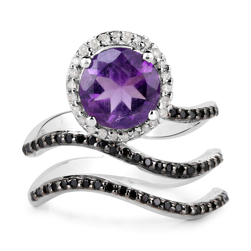 2.31 Carat Genuine Amethyst, Black Spinel, and White Diamond .925 Sterling Silver Ring