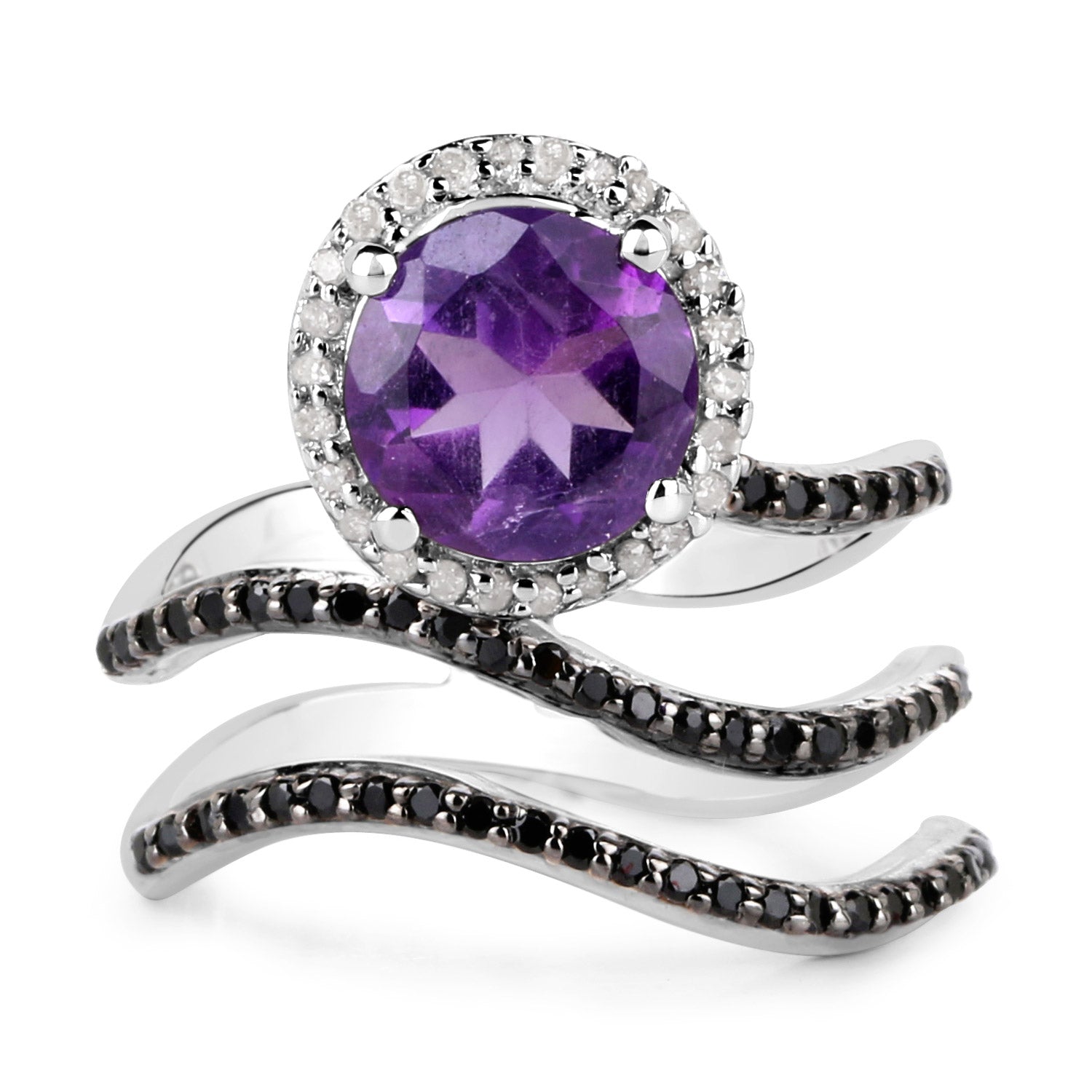 2.31 Carat Genuine Amethyst, Black Spinel, and White Diamond .925 Sterling Silver Ring