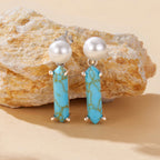 925 Sterling Silver Earrings with Synthetic Turquoise and Pearl, 2.4*0.6cm for Women
