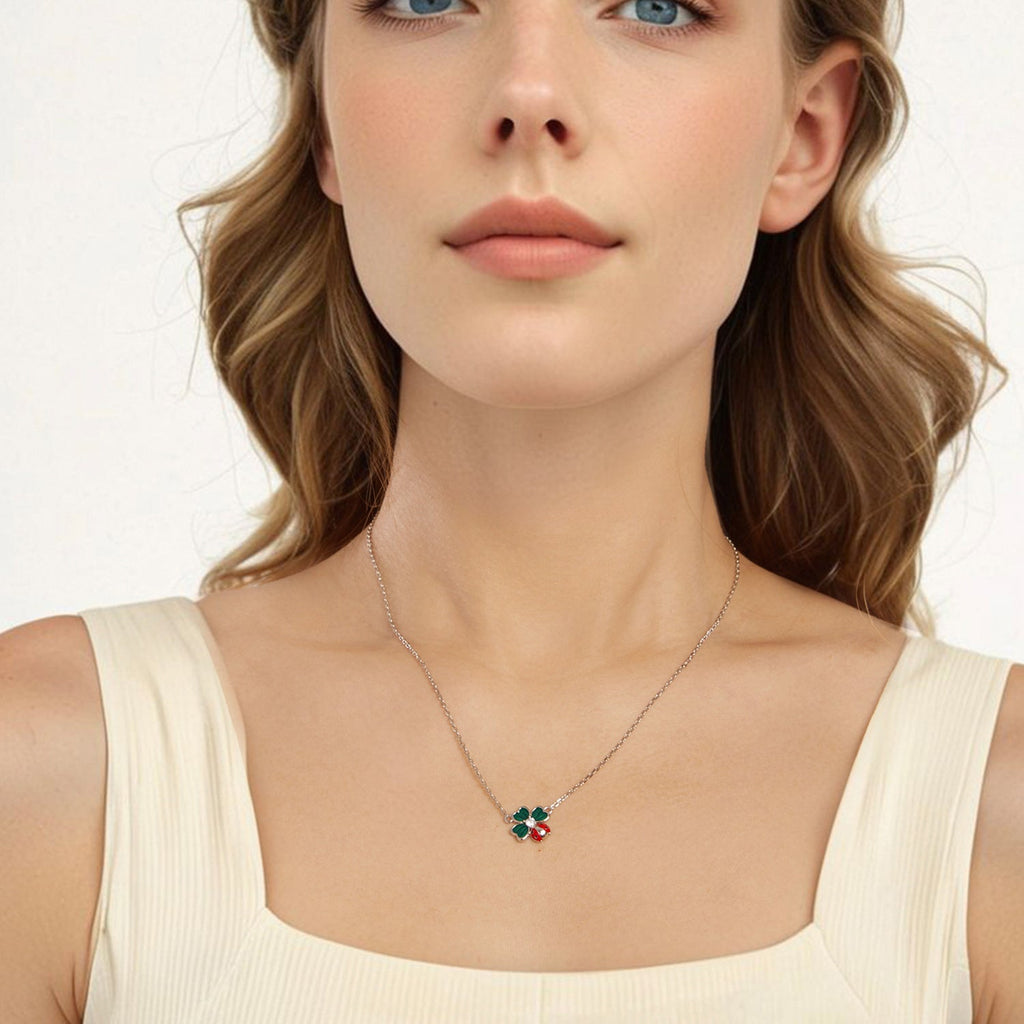 925 Sterling Silver Necklace with Enamel, White Gold Plated, 40+5 cm Chain Length, Women's Jewelry