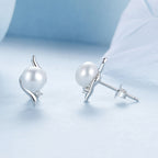 925 Sterling Silver Natural Pearl & CZ Earrings Plated in Platinum