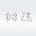 925 Sterling Silver Earrings for Women, 0.5-0.6cm, Bone and Dog Design, Platinum Plated