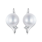 925 Sterling Silver Natural Pearl & CZ Earrings Plated in Platinum