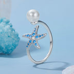 925 Sterling Silver White Gold Plated Quality Shell Pearl Starfish Ring for Women