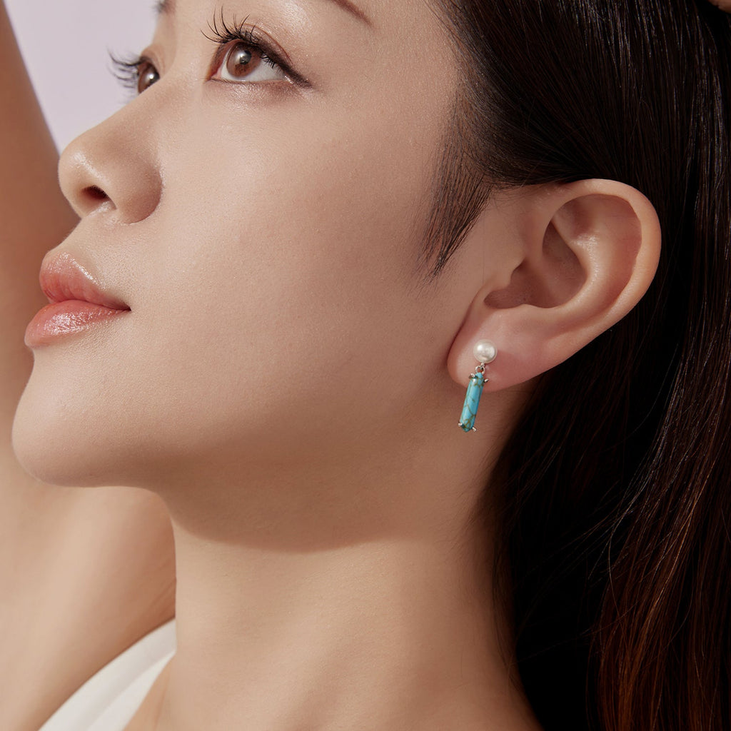 925 Sterling Silver Earrings with Synthetic Turquoise and Pearl, 2.4*0.6cm for Women