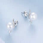 925 Sterling Silver Natural Pearl & CZ Earrings Plated in Platinum