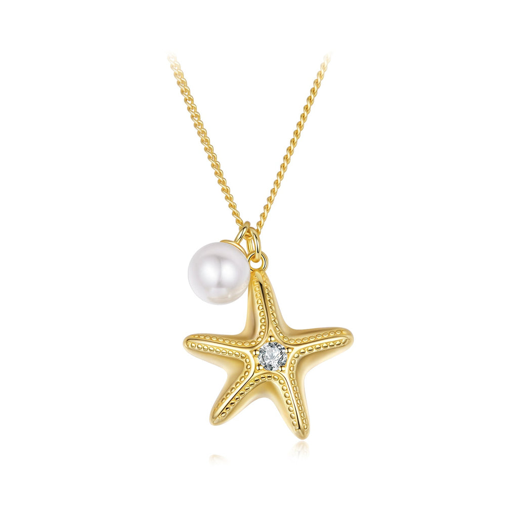 925 Sterling Silver Necklace with Gold Plating, 40+5cm, Featuring Synthetic Pearl & CZ for Women