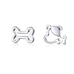 925 Sterling Silver Earrings for Women, 0.5-0.6cm, Bone and Dog Design, Platinum Plated