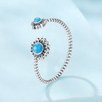 925 Sterling Silver Synthetic Turquoise Ring for Women - Oxidized Silver, Width: 0.12cm, Size: 0.5-0.7cm