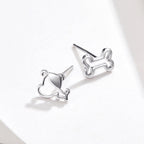 925 Sterling Silver Earrings for Women, 0.5-0.6cm, Bone and Dog Design, Platinum Plated