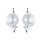 925 Sterling Silver Natural Pearl & CZ Earrings Plated in Platinum