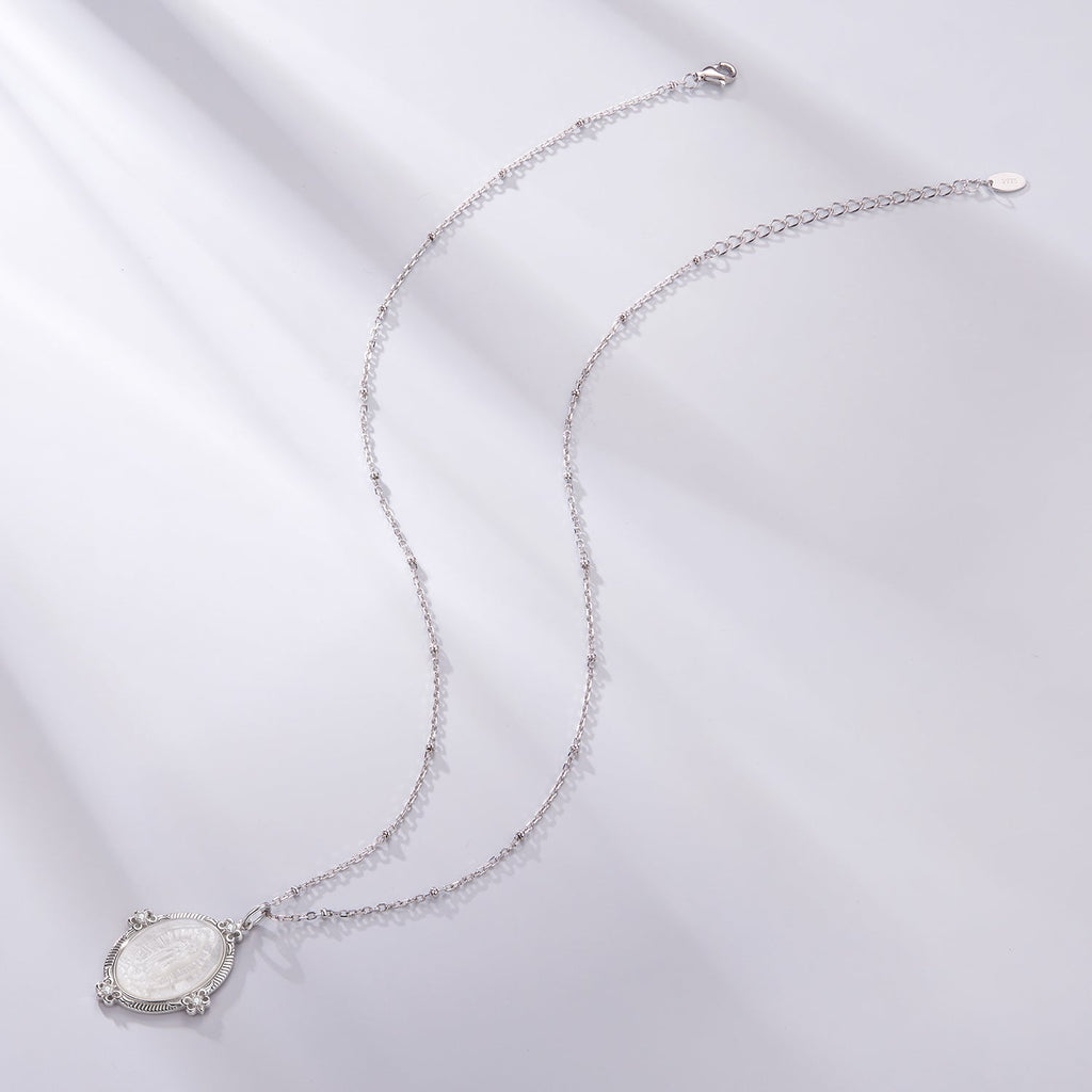 925 Sterling Silver Necklace with White Gold Plating, 40+5cm Length, CZ & Mother of Pearl Pendant for Women