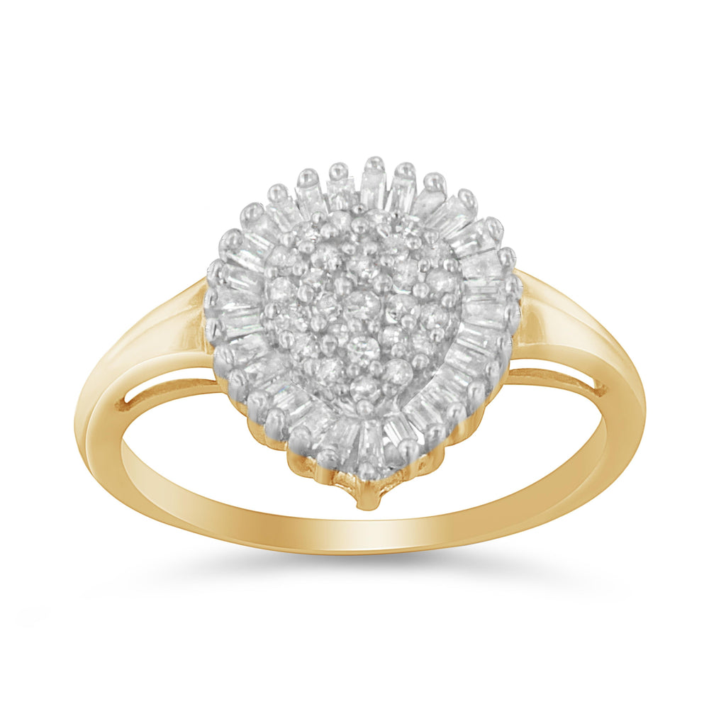 10K Yellow Gold 1/2 Carat Total Weight Round & Baguette Cut Diamond Pear Shaped Domed Pavé Cluster with Halo Cocktail Ring (J-K Color, I1-I2 Clarity) - Size 4-1/4