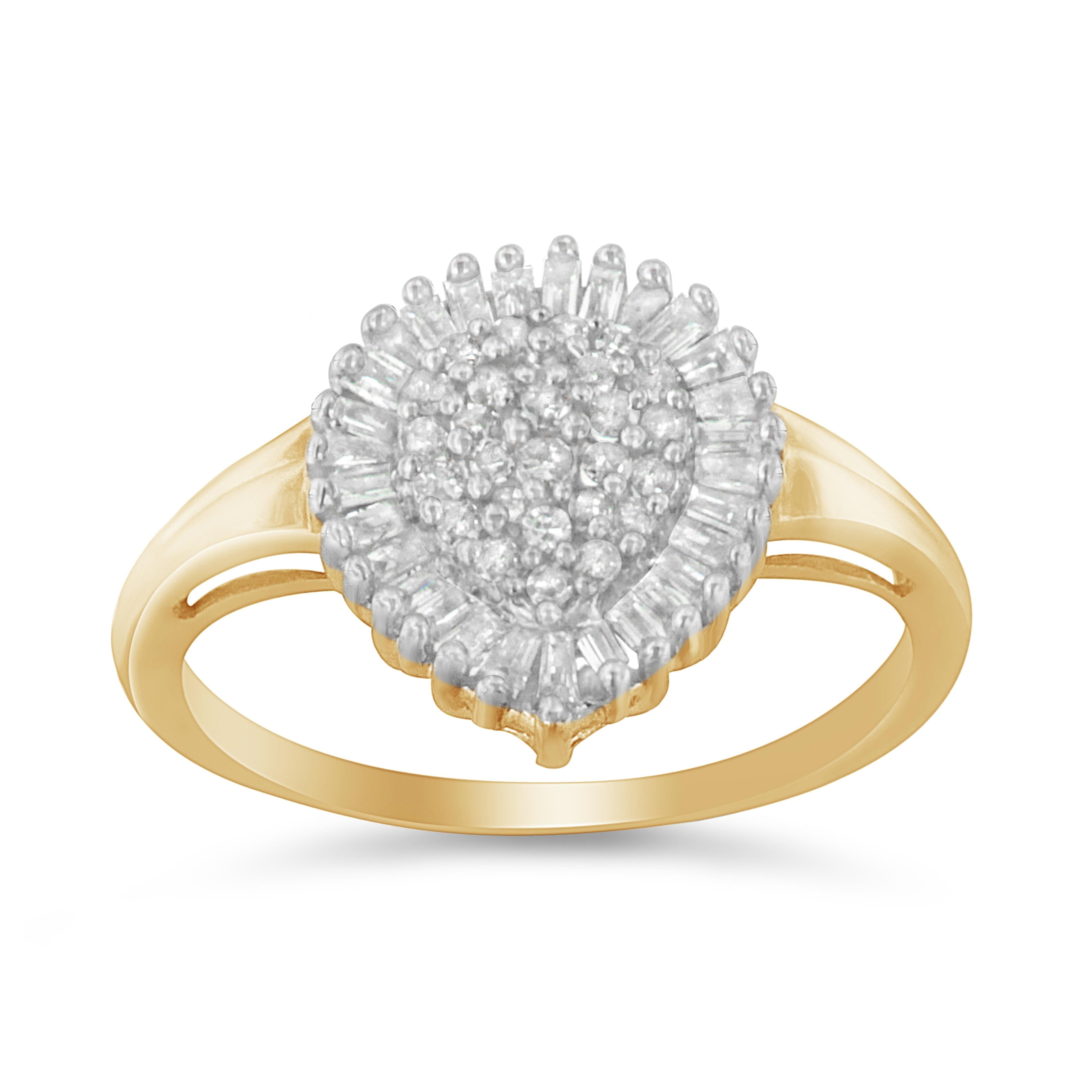 10K Yellow Gold 1/2 Carat Total Weight Round & Baguette Cut Diamond Pear Shaped Domed Pavé Cluster with Halo Cocktail Ring (J-K Color, I1-I2 Clarity) - Size 4-1/4