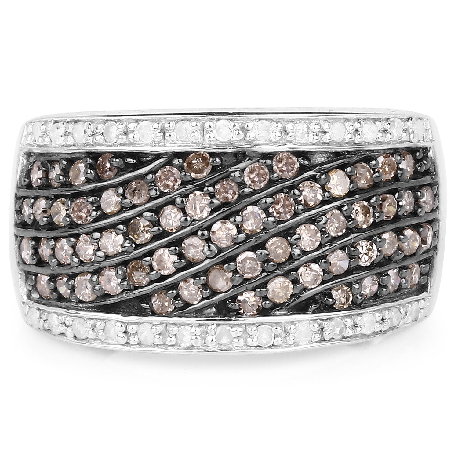 0.87 Carat Genuine Champagne Diamond and White Diamond .925 Sterling Silver Ring