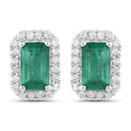 0.91 Carat Genuine Zambian Emerald and White Diamond 14K White Gold Earrings
