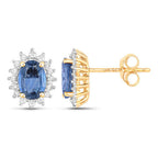 2.22 Carat Genuine Blue Sapphire and White Diamond 14K Yellow Gold Earrings