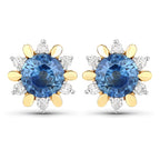 1.87 Carat Genuine Blue Sapphire and White Diamond 14K Yellow Gold Earrings