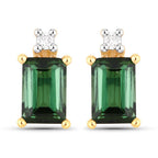1.24 Carat Genuine Green Tourmaline and White Diamond 14K Yellow Gold Earrings