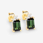 1.24 Carat Genuine Green Tourmaline and White Diamond 14K Yellow Gold Earrings